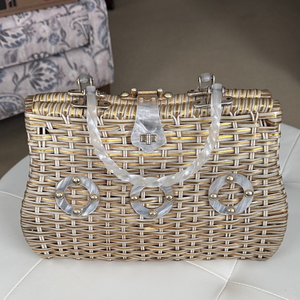 Vintage Mr. Rolf Woven Wicker Handbag with Lucite Accents